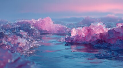 Crystal shores meet tranquil waters, blending hues of pink and blue in a serene landscape. An otherworldly feel to the peaceful scene.