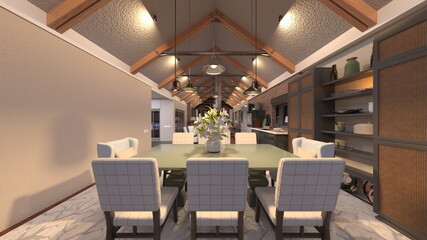 大きな窓があるリビングダイニング　3DCGレンダリング