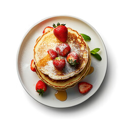Stack of Pancakes Topped with Fresh Strawberries and Powdered Sugar