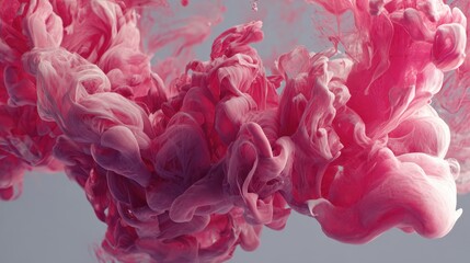Pink ink plumes gracefully mix, creating a beautiful abstract cloud with ethereal swirls on a muted gray background.
