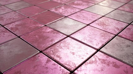 Close-up on pink and grey square tiles with a distressed texture, laid out to form a pattern and visible from a low angle.
