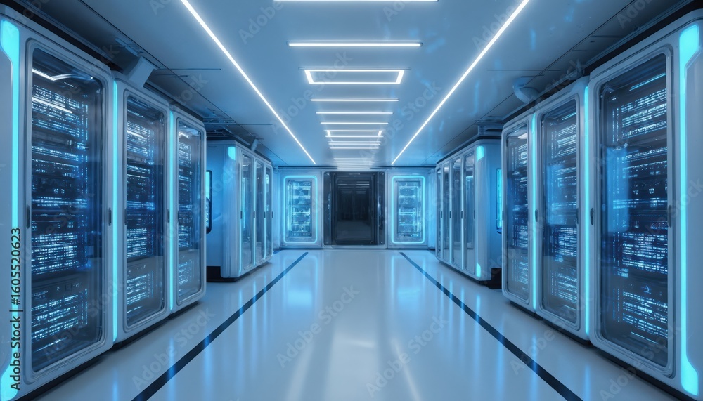 Poster futuristic server room filled with glowing blue computer racks. sleek minimalist environment denotes