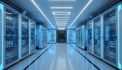 Futuristic server room filled with glowing blue computer racks. Sleek minimalist environment denotes advanced technology, innovation. Bright lights line hallway, rows of data processing hardware.