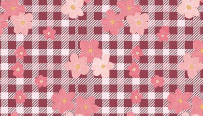 seamless hand drawn plaid pattern with cute little flowers pink floral and checkered background for textiles fashion scrapbooking and home decor