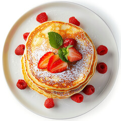 Stack of Pancakes Topped with Fresh Strawberries and Powdered Sugar