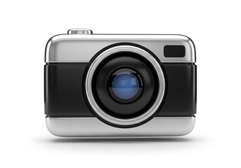 Fototapeta premium A sleek, silver and black compact camera icon, digitally rendered, isolated on white.