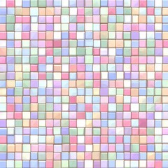 Pastel Tile Array: Soft hues interlock in a geometric grid, creating a soothing, textured mosaic of color and light with a 3D rendering.