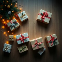 Top-down shot of neatly wrapped Christmas presents on wooden floor with pine branches, baubles, and fairy lights, rustic and natural tones