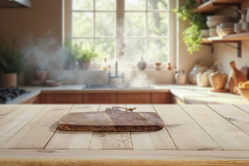 Wooden kitchen table with empty space for showcasing a product with blurred bright and cozy kitchen...