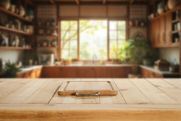 Wooden kitchen table with empty space for showcasing a product with blurred bright and cozy kitchen...