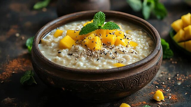 Delicious cooked acha porridge served in a rustic clay bowl, topped with fresh mango cubes, mint leaves, and chia seeds. A healthy, traditional African breakfast captured in natural light.