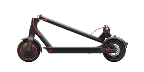 Sleek black electric scooter with red accents isolated on black background Modern urban transportation vehicle for commuting and ecofriendly travel