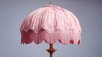 Elegant floor lamp with a fringed, scalloped pink shade, featuring delicate floral embroidery and a golden finial on a wood base.