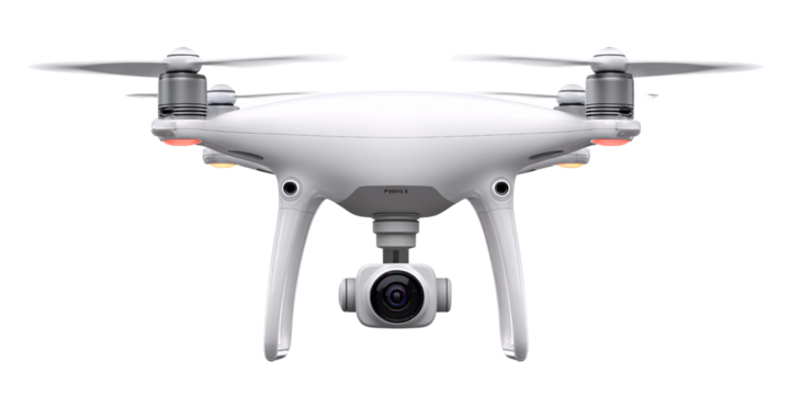 White drone with camera for aerial photography and videography Modern unmanned aerial vehicle for surveillance and inspection