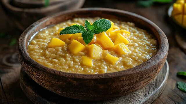 Warm acha porridge served in a rustic clay bowl, garnished with fresh mango chunks and mint leaves. A wholesome, tropical, and nutritious dish perfect for breakfast or healthy meals.