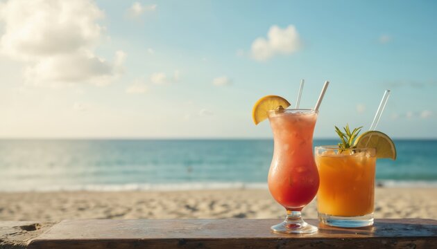 Two refreshing cocktails sit on wooden table overlooking sandy beach, calm ocean. Vibrant drinks with fruit garnishes, straws complement bright blue sky, soft clouds, perfect for summer vacation