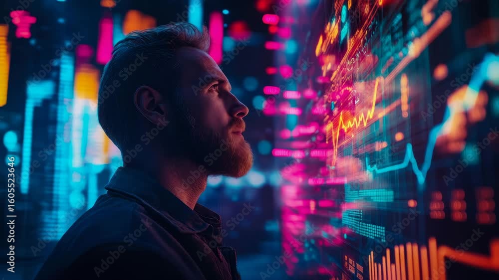 Poster man inspecting financial data on a futuristic display, glimpses of financial charting and analysis w