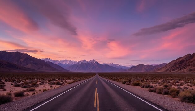 Endless asphalt road through desert valley towards mountains under dramatic sunset sky. Scenic travel backdrop with vast arid landscape and wide open horizon, evoking freedom and adventure.