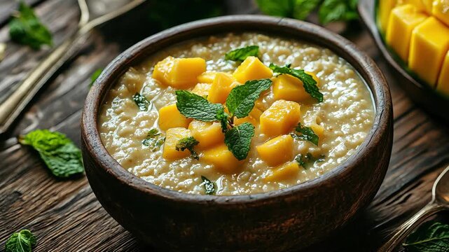 Cooked acha porridge beautifully served in a rustic clay bowl, topped with juicy mango cubes and fresh mint leaves. A vibrant and healthy traditional dish perfect for tropical breakfast scenes.