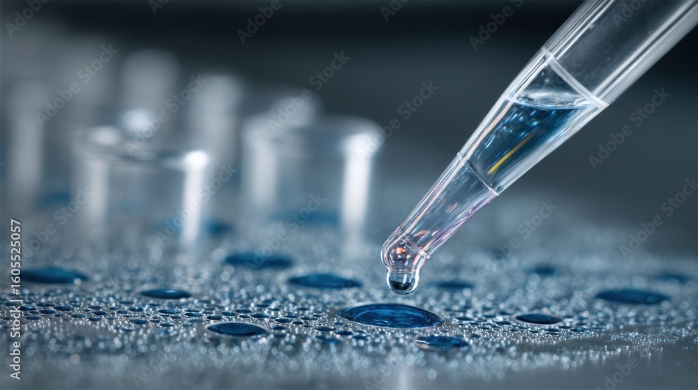 Poster pipette dispensing a solution onto a microfluidic chip, creating a controlled environment for mixing