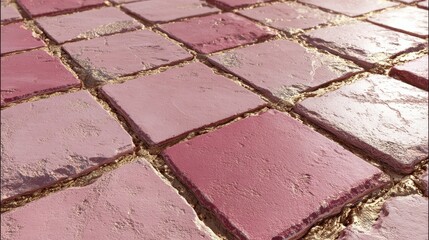 Close-up of pink and red stone tile floor with sandy grout, showcasing the surface textures and color variations in natural lighting.