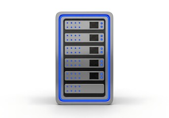 Obraz premium Gray server rack with illuminated blue accents, isolated on white background.