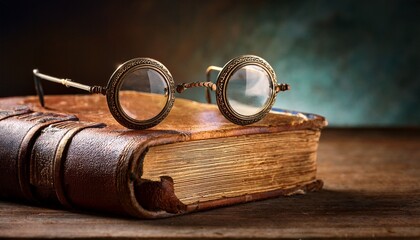vintage glasses on antique book with leather cover old round spectacles