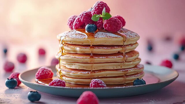 Vegan pancake stack made with jackfruit seed flour, topped with raspberries, blueberries, and maple syrup drizzle. Captured in soft morning light, showcasing a sweet and colorful breakfast delight.