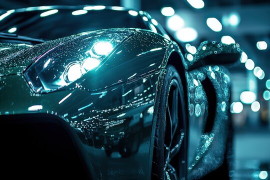 Wet sportscar headlight at night