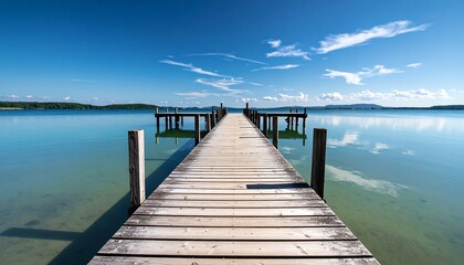Obraz premium Tranquil lake dock under a vibrant blue sky