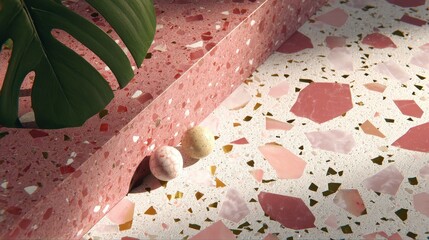 Terrazzo Design with Spheres: A modern still life featuring a pink terrazzo surface, plant leaves, and decorative balls.