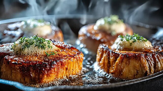 Lion&rsquo;s mane mushroom steaks sizzling in a hot cast-iron pan, topped with melting herb butter. Rich golden crust, savory steam rising &mdash; a mouthwatering plant-based dish in action.
