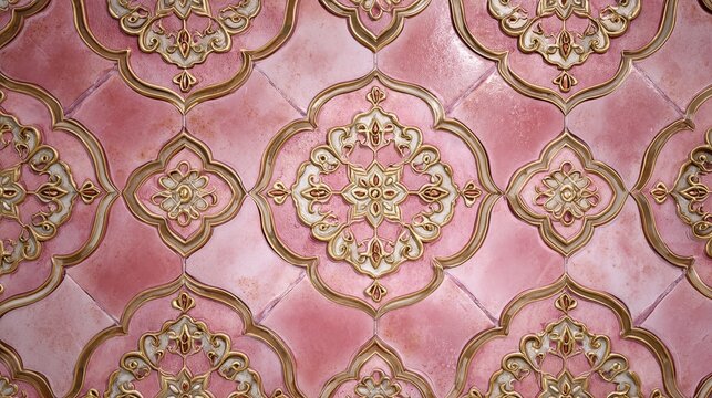 Elegant pink tile pattern with intricate gold and cream floral accents, creating a luxurious and detailed surface texture.