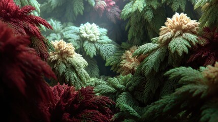 Colorful underwater plants create a visually interesting environment. Red, green, and brown plants grow in a watery garden.