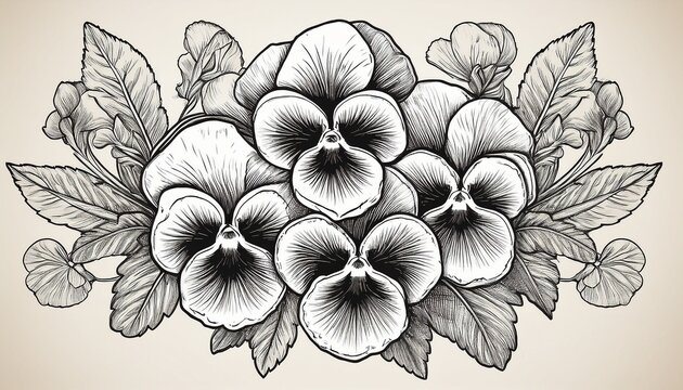 pansy flower bouquet hand drawn vintage sketch drawing
