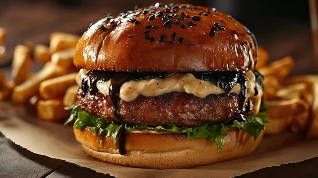 Gourmet burger with juicy beef patty, black garlic aioli dripping over melted cheese, crisp lettuce, and a glossy sesame bun, served with golden fries in a rustic setting.