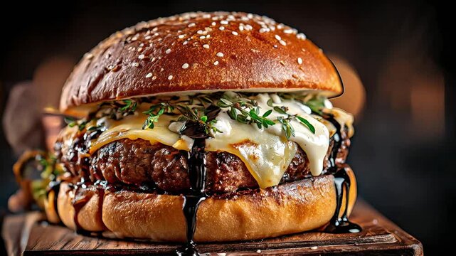 Close-up of a gourmet burger with a juicy beef patty, melted cheese, fresh herbs, and black garlic aioli dripping down the side, set against a dark, moody background.