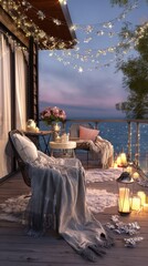 Cozy outdoor balcony scene featuring comfortable seating, decorative lanterns, and twinkling fairy lights, creating a serene atmosphere for relaxation and enjoyment