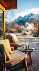 Cozy outdoor seating area with plush chairs and a wooden table, overlooking a scenic mountain landscape, creating a tranquil atmosphere for relaxation and enjoyment
