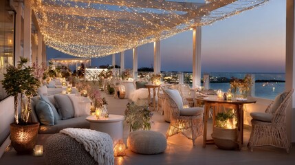 Elegant outdoor dining area with cozy seating, twinkling fairy lights, and beautiful ocean view, creating a romantic atmosphere for evening gatherings and celebrations