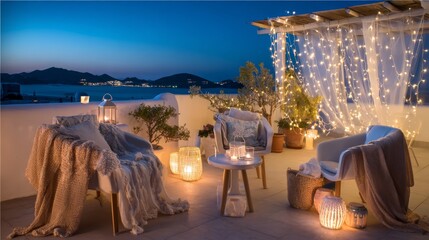 Cozy outdoor terrace with soft blankets, decorative lanterns, and twinkling fairy lights, creating a warm ambiance for relaxation and evening gatherings