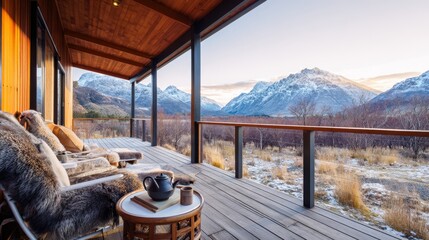 Cozy outdoor seating area on a wooden deck overlooking majestic snow-capped mountains, showcasing a tranquil retreat with natural beauty and inviting ambiance for relaxation