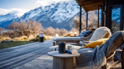 Cozy outdoor lounge area featuring a wooden deck, comfortable chairs, and scenic mountain views, perfect for relaxation and enjoying nature's beauty with copy space