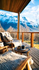 Cozy outdoor seating area with wooden chairs and a round table, featuring a teapot and cups, surrounded by stunning mountain scenery and bright blue sky, perfect for relaxation