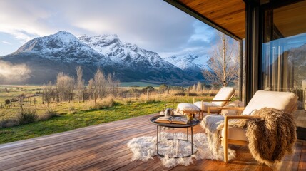 Cozy outdoor seating area with two armchairs and a coffee table, overlooking a stunning mountain landscape, showcasing a serene and inviting atmosphere for relaxation