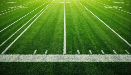 American football stadium field surface, synthetic turf with clean white yard line markings, visible stitching. Perfect for sports, competition, intensity, team spirit, game day traditions. High