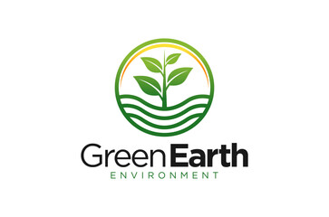 Green Earth Environment logo design, plant tree farming and reforestation planting icon symbol, vector illustration.