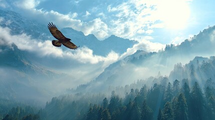 Majestic eagle soaring above a misty mountain range.