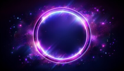 glowing neon circle with sparkles on dark background futuristic light ring magic energy portal abstract luminous frame purple electric swirl digital wave effect
