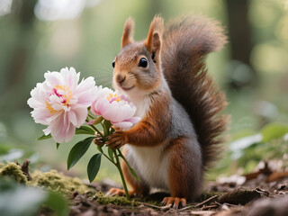 Cute squirrel standing on mossy forest floor holding three pink peony flowers with joyful expression and soft bokeh background